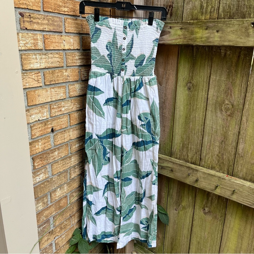 Billabong White Strapless Jumpsuit with Green Leaf Print